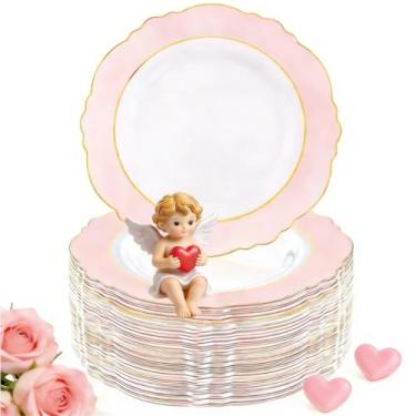 Imagem de WDF 60 peças de pratos de plástico rosa - 26 cm barroco rosa e dourado pratos de jantar descartáveis para festas de luxo - especial para festa dos namorados, casamento, aniversários