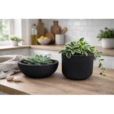 Imagem de Kit 2 Vasos Decorativos para Plantas ou Cachepot para Centro de Mesa (Beta e Bacia) (Preto)