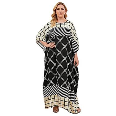 Imagem de 3FLQOOPP Vestido longo feminino plus size solto com linha xadrez túnica manga morcego caftan (preto 5X)