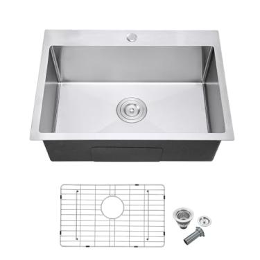 Imagem de MENATT Pia de cozinha de 61 x 45 cm, tigela única de aço inoxidável 304 com tapete de grade inferior e ralo em forma de X, pia compacta de 23 cm para cozinha pequena, apartamento, bar molhado