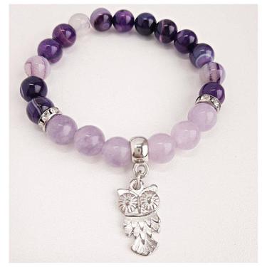 Imagem de Pulseira Ametista Em Ágata Roxa Jade Lilás Pingente Coruja