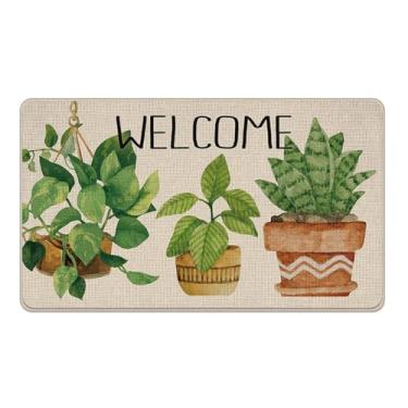 Imagem de Livcoz Tapete de porta da frente de boas-vindas com plantas em vaso, suculentas botânicas, capacho decorativo antiderrapante, tapete de entrada, primavera, verão, quinta, perfil baixo, interior