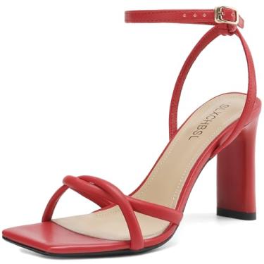 Imagem de SLXCHBSL Sandálias femininas quadradas de bico aberto com tiras para mulheres, elegantes e grossas, salto alto, fivela no tornozelo, sandálias de salto para mulheres, sapatos confortáveis de casamento