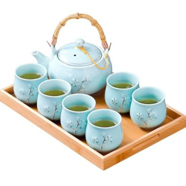 Imagem de Conjunto de chá japonês, conjunto de chá de porcelana branca com 1 conjunto de bule de chá, 6 xícaras de chá, 1 bandeja de chá, 1 infusor inoxidável, flor de ameixa em relevo, conjunto de chá chinês