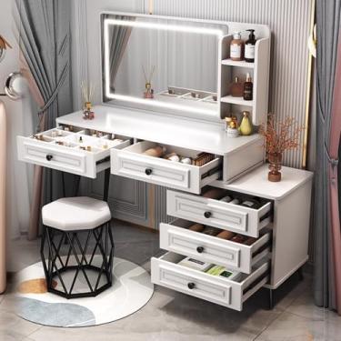 Imagem de Penteadeira com gavetas - Conjunto de mesa com espelho e luzes, inclui cadeira e armário lateral retrátil, ideal para meninas e mulheres no quarto ou vestiário