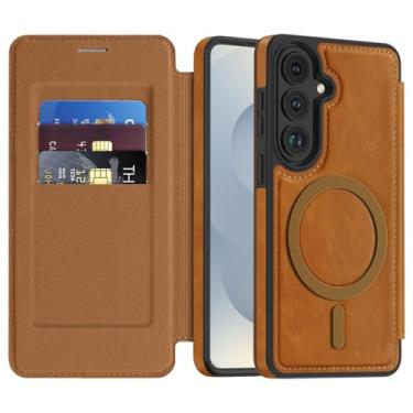 Imagem de LEMAXELERS Capa magnética para Samsung Galaxy S26, compatível com MagSafe, com [bloqueio RFID] porta-cartões, capa carteira de couro PU, capa de proteção à prova de choque para Samsung S26, marrom WLD