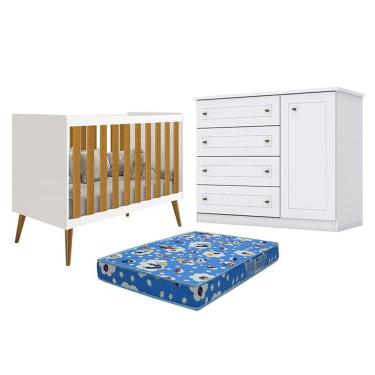 Imagem de Berço Americano Isis Branco Acetinado Savana - Reller e Cômoda Infantil Americano Branco HP e Colchão Ortobom - Henn