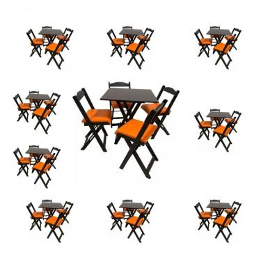 Imagem de Kits 10 Conjuntos Dobráveis 70x70 10 Mesas 40 Cadeiras Preto Com Estofado Laranja
