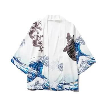 Imagem de Kimono Cardigã Tradicional Japonês Com Padrão De Carpa Verde Para Home
