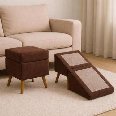 Imagem de Rampa Escada Vira Puff Móvel Suede Para Pets Cachorro Gato GG Cor:Terr