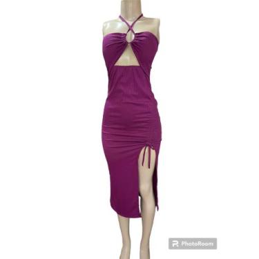 Imagem de Vestido tubinho com amaração no pescoço e fenda - GONZALES MODAS, Roxo