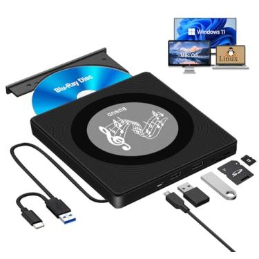 Imagem de Unidade de CD DVD Blu Ray externa, unidade Blu-Ray, gravador de Bluray externo, leitor de leitura/gravação BD com 2 compartimentos USB e TF/SD, leitor de CD DVD óptico Blue Ray para laptop, Apple, PC,