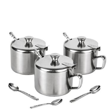 Imagem de Kit 3 Açucareiros 220ml Aço Inox com Tampa, Alça e Colher para Servir 