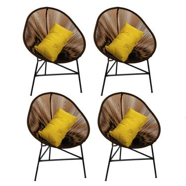 Imagem de Kit 04 Poltrona Cadeira Acapulco Plus com Almofada Quadrado Marrom Tecido Sintético Amarelo - Ahazzo Móveis