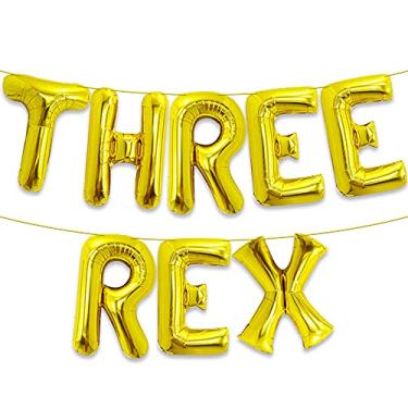 Imagem de KatchOn, Huge Gold Three Rex Balloons - 16 Inch | Gold Three Rex Birthday Party Decorations | 3 Rex Birthday Decorations | Dinosaur Birthday Decorations