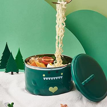 Imagem de tigelas de sopa tigela multiuso para casa para escola em casa(Green), Tigela de macarrão de dinossauro dos desenhos animados tigela interna de aço inoxidável com alça e tampa,