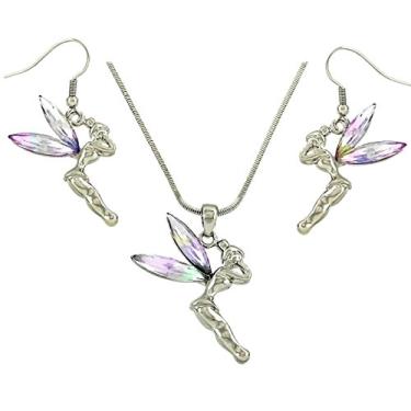 Imagem de DianaL Boutique Adorável conjunto de colar e brincos com pingente de fada sininho AB asas de cristal em caixa de presente joias modernas