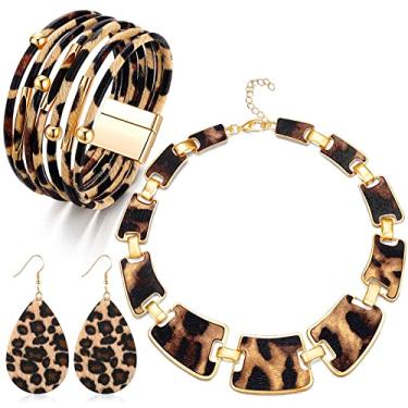 Imagem de Conjunto de 3 peças de joias de leopardo boêmio, multicamadas, pulseira de couro, brincos com estampa de leopardo, colar com estampa de leopardo, babador feminino