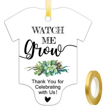 Imagem de Etiquetas Watch Me Grow para suculentas de chá de bebê, etiquetas de agradecimento para chá de bebê, pacote com 50 com fita dourada.