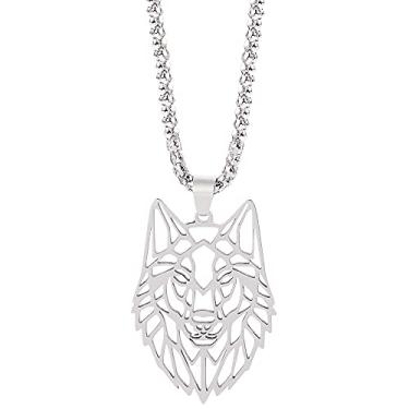 Imagem de Colar de cabeça de lobo viking - pingente de aço inoxidável nórdico Fenrir, estilo oco, Aço inoxidável, Quartzo