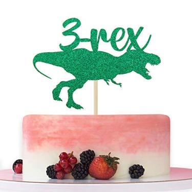 Imagem de Três topos de bolo de dinossauro Rex, 3º aniversário, decoração de terceiro aniversário, tema de dinossauro, glitter verde.