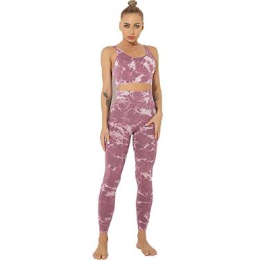 Imagem de Yajun Roupas de ioga tie dye roupas de treino femininas leggings sem costura levanta bumbum roupas fitness roupa de ioga conjunto de duas peças, rosa, GG (peito: 38cm)