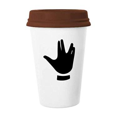 Imagem de Caneca de cerâmica com desenho de gesto preta para copo de café com tampa de cerâmica