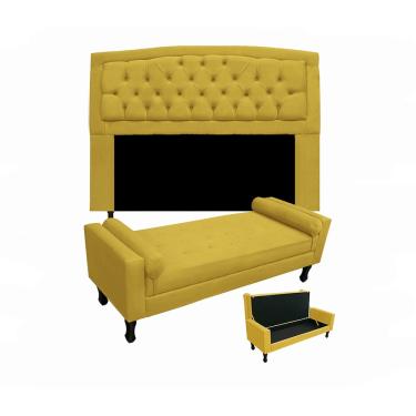 Imagem de Cabeceira Geovana + Calçadeira Fênix Para Quarto Solteiro 90cm Suede Amarelo - LM DECOR
