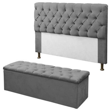 Imagem de Kit Cabeceira + Calçadeira Baú Mirage Casal 140cm Cinza - LM DECOR