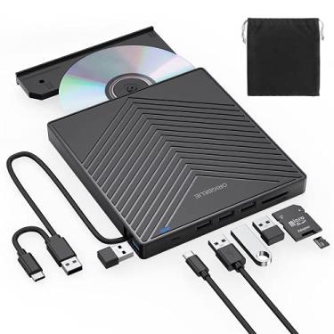 Imagem de ORIGBELIE Drive externo de CD DVD, gravador de CD ultrafino USB 3.0 com 4 portas USB e 2 compartimentos para cartão TF/SD, unidade de disco óptico para laptop Mac, PC Windows 11/10/8/7 Linux OS