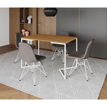 Imagem de Mesa Jantar Industrial Retangular Base V 120x75cm Canela com 4 Cadeiras Estofadas Grafite Aço Branco