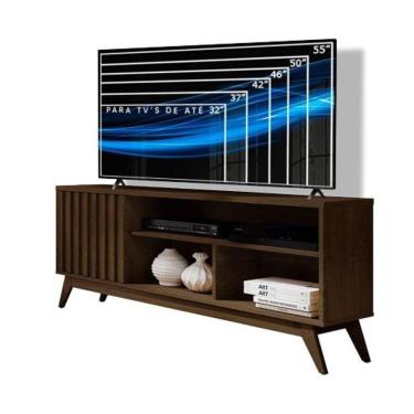 Imagem de Rack Retrô TV Até 60 Polegadas Pés De Madeira 1 Porta E Nichos Malbec Wood Ripado 1.36