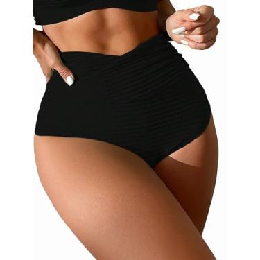 Imagem de MakeMeChic Calcinha de biquíni feminina casual de cintura alta lisa, Preto liso, G