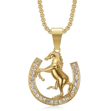 Imagem de NEGS Colar de aço inoxidável com pingente de cavalo da sorte banhado a ouro 18 K, 2 peças de correntes em camadas de 51 cm de 61 cm, joias de festa em ferradura hip hop, presente de animal para homens