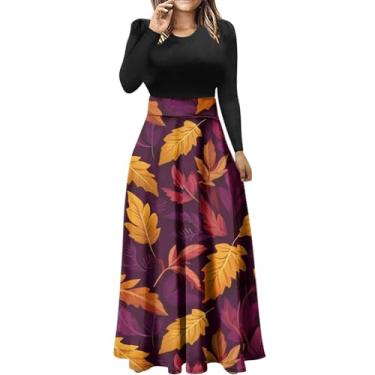 Imagem de Vestido feminino de manga longa solto com estampa de patchwork, vestidos maxi longos casuais 2023 roupas de outono plus vestidos com, Amarelo, GG