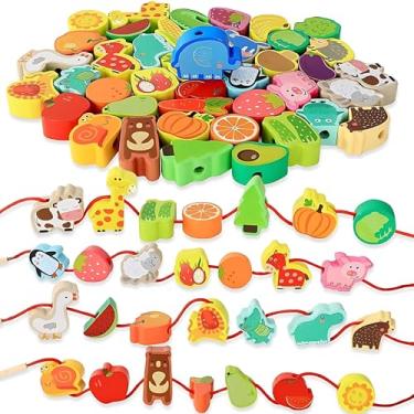 Imagem de Brinquedo Educativo Montessori 4Leader - Para a Criança Fazer Colares com Alfabeto Móvel, Números, Animais da Fazenda ou Frutas - Peças de Madeira - Desenvolvimento Cognitivo e Motor - 24un