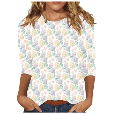 Imagem de PKDong Camiseta feminina Happy Easter com estampa gráfica de ovos coloridos camiseta divertida manga 3/4 floral tops casuais para férias, Bege, G