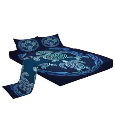 Imagem de Eojctoy Jogo de lençol ultramacio, azul marinho, 4 peças, lençol com tema de tartaruga e fronhas, fácil de cuidar com lençol casal de 40,6 cm de profundidade, confortável e respirável para casa