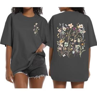 Imagem de Wrenpies Camiseta feminina com estampa floral boêmia, vintage, flores silvestres, cottagecore, jardins, amantes do jardim, Cinza escuro, M