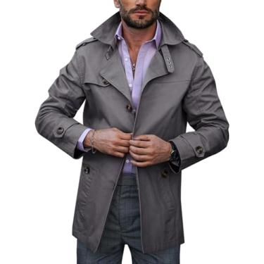 Imagem de Runcati Casaco masculino trench coat único trespassado comprimento médio slim fit clássico leve manga longa jaqueta corta-vento, Cinza escuro, XXG