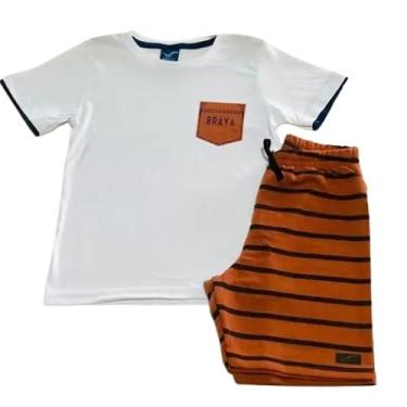 Imagem de Conjunto Infantil Gola Careca Menino Camiseta e Bermuda (Branco/Laranja, 10)