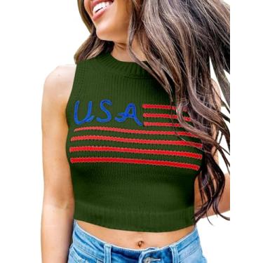 Imagem de Tankaneo Camiseta regata feminina com bandeira americana gola alta 4 de julho patriótica verão sem mangas, Verde militar, G