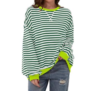 Imagem de DB MOON Camiseta feminina listrada de manga comprida com gola redonda, Verde, branco, M