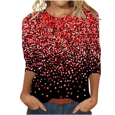 Imagem de Blusa feminina de manga 3/4 com glitter, casual, solta, gola redonda, estampa floral, camisetas soltas, confortáveis, Vermelho, M