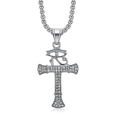 Imagem de NEGS Colar de aço inoxidável com pingente de cruz Ankh copta de proteção egípcia, olho de Hórus, zircônia cúbica para homens e mulheres, corrente de 61 cm, joia de presente, Aço inoxidável, Zircônia