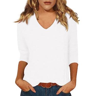 Imagem de Camisas de manga 3/4 de comprimento para mulheres 2024 blusas casuais de verão gola V sólida moda estampa floral blusa fofa pulôver solto, Branco-3, 4G