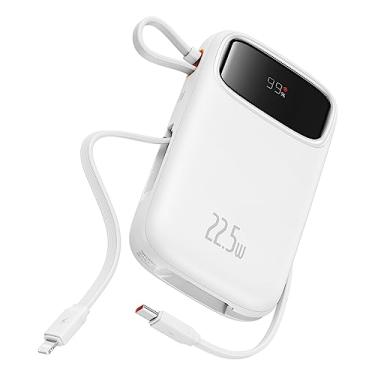 Imagem de Carregador portátil Baseus Power Bank, carregador de telefone portátil de carregamento rápido com cabo de saída USB-C e iOS integrado, bateria portátil com display LED (Branco, Milliamp Hours, 20000)