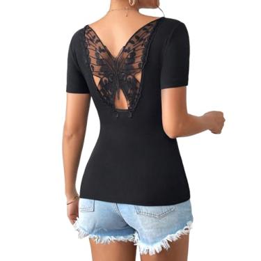 Imagem de SHENHE Camiseta feminina recortada de malha canelada gola redonda manga curta borboleta top camiseta, Preto, M