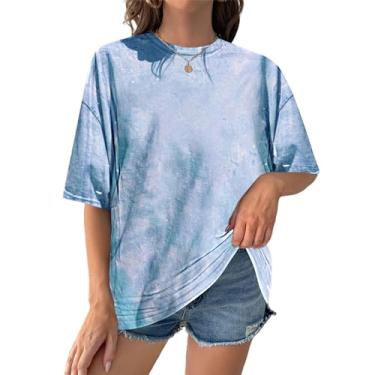Imagem de SOFIA'S CHOICE Camisetas femininas grandes tie dye gola redonda manga curta casual verão, Azul, branco, G