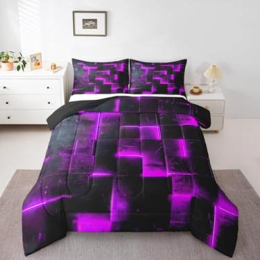 Imagem de Jogo de cama completo com estampa de búfalo brilhante 3D roxo e preto, arte abstrata, geométrico, xadrez, gradiente, futurista, cubos, edredom (preto reversível)